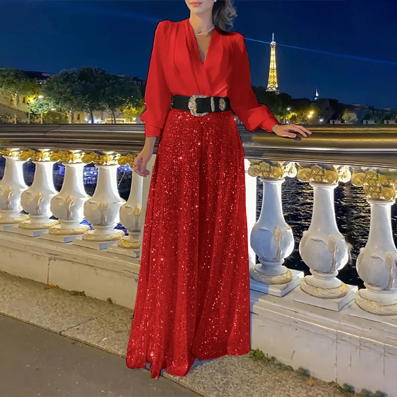Fashion Slimming Sequin Wide Leg Jumpsuit Autumn Fashion Splic Shirt Big Hem Luxurious Party Jumpsuits Loose Rompers No Belt