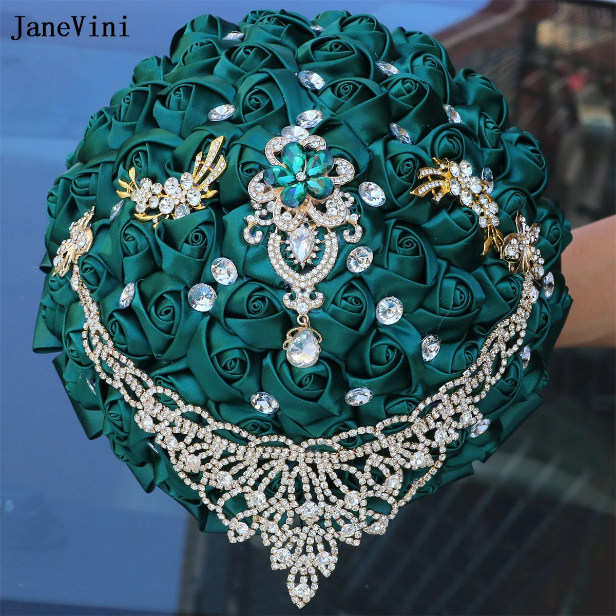 

JaneVini 2024 Luxury Gold Rhinestones European Dark Green Flowers Bridal Bouquets Artificial Satin Roses Wedding Brooch Bouquet