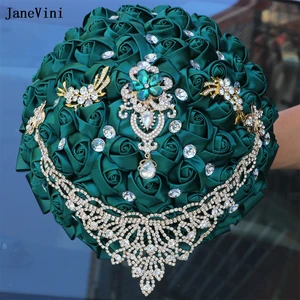 JaneVini 2024 Luxury Gold Rhinestones European Dark Green Flowers Bridal Bouquets Artificial Satin Roses Wedding Brooch Bouquet