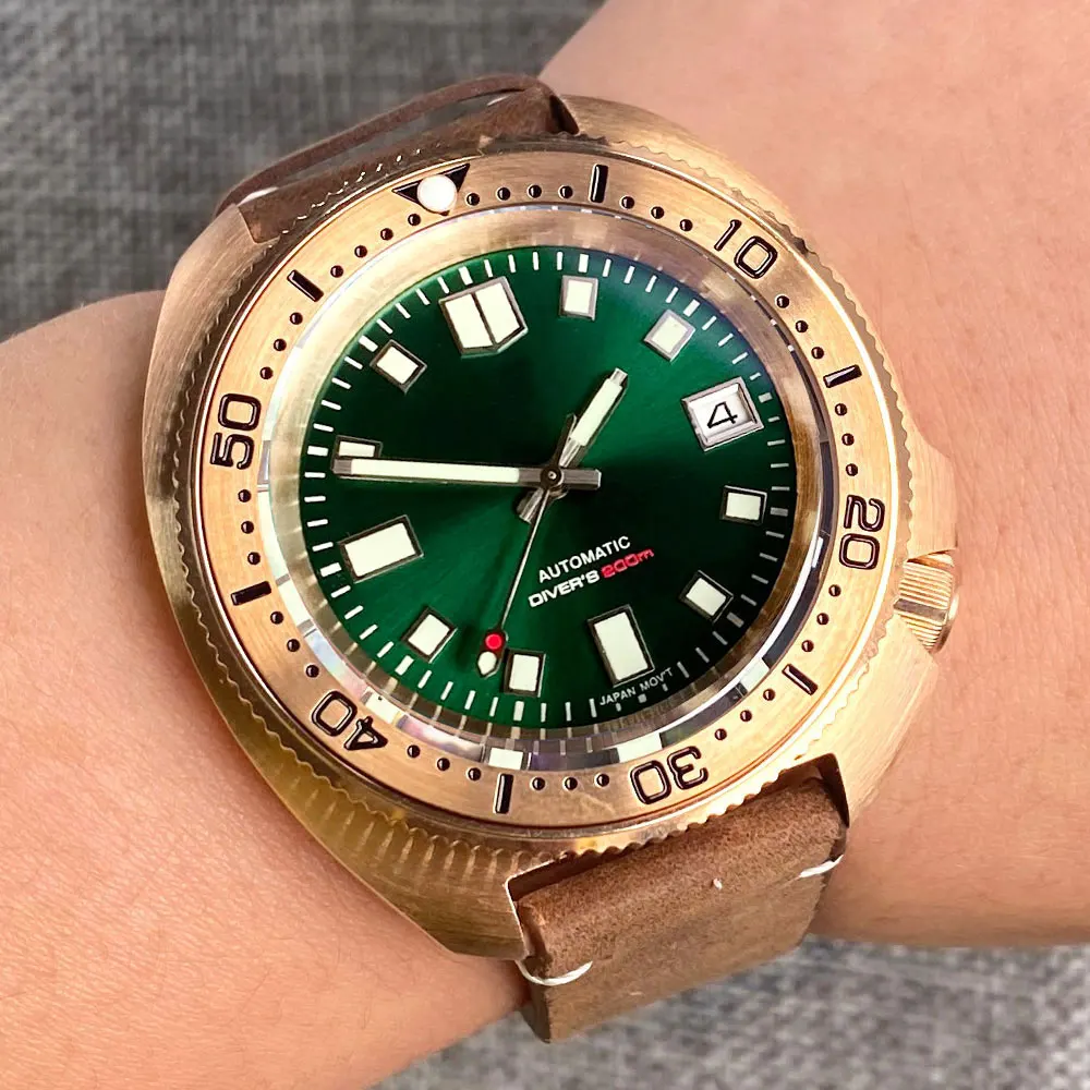 Real Bronze Turtle Dive Mechanical Watch NH35 Movement Sunburst Green Dial Waterproof Wristwatch Reloj Hombre Green Lume 2