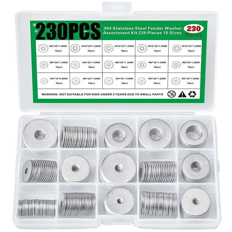 

230PCS 304 Stainless Steel Large Fender Washers Assortment Kit 15 Sizes – M3 M4 M5 M6 M8 M10 M12 Enlarged Flat Washer