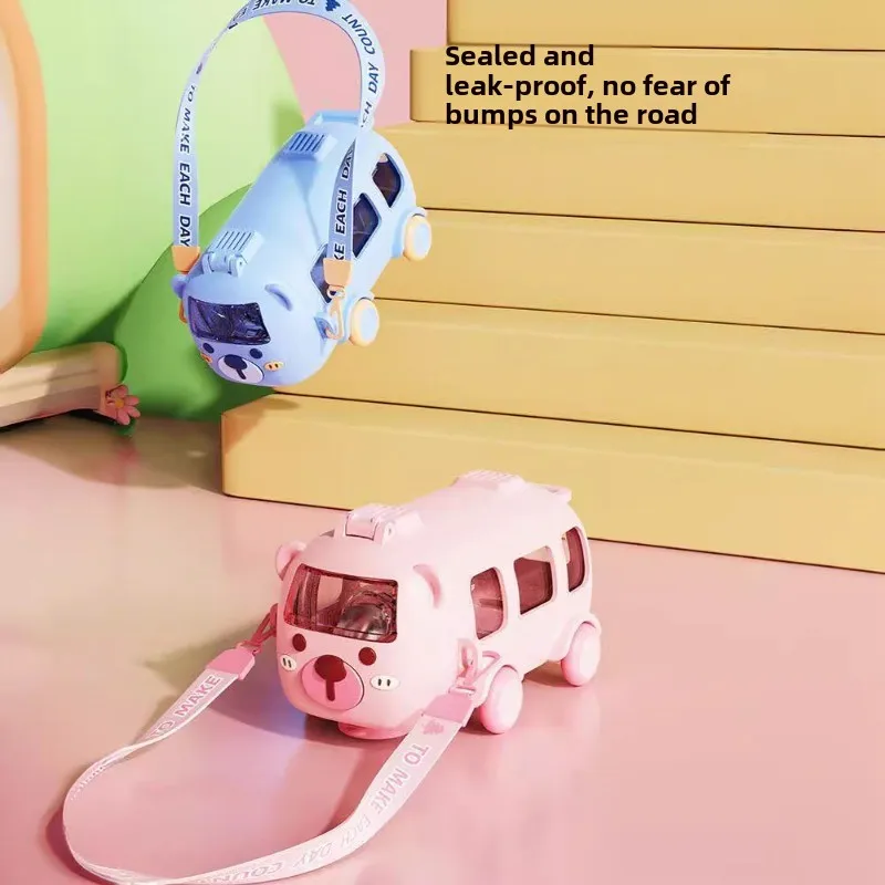 500ml Cute Bear Portable Water Bottle With Shoulder Strap for Kids Car Straw Cup Bus Shape Children's Drinking Cup water bottle