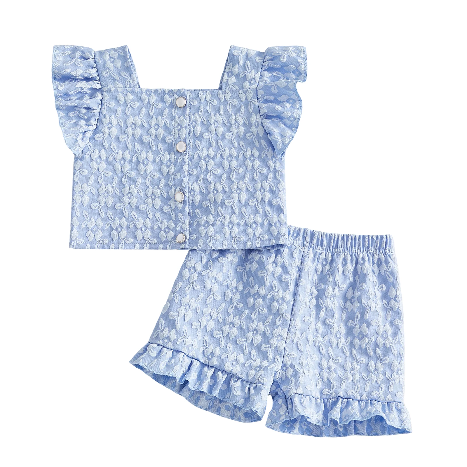 Blue Frills 2 Piece Little Girls Bloomer Set - top detail