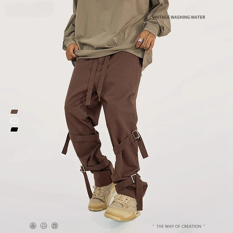 

New 2022 Autumn Men's Cotton Pants Streetwears Male High Street Casual Ribbon Drawstring Trousers Brand Design HY0210