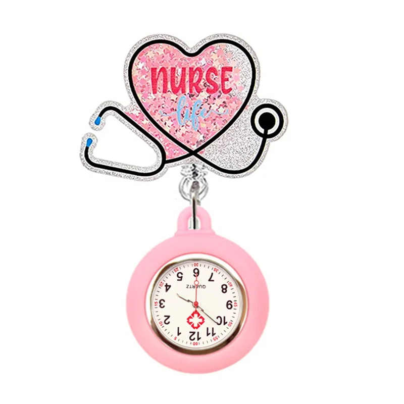 Quicksand Stars Hospital Acrylic Injector & Stethoscope Retractable Nurse Doctor FOB Pocket Watches Clip Hang Medicine Clock pocket watch