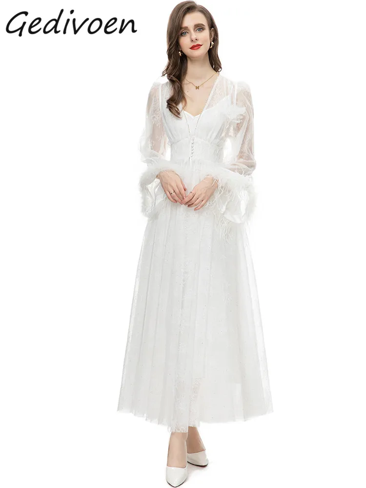 

Осеннее модное дизайнерское белое элегантное женское платье Gedivoen с V-образным вырезом и пуговицами, длинное облегающее платье-трапеция с аппликацией из бисера