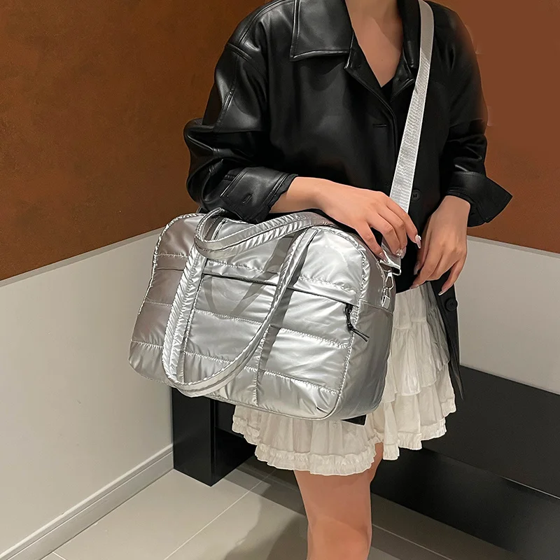 Korean Style Bright Tote Bag Shoulder Bag Plaid Cloud Crossbody Bag Silver Large Capacity Nylon Handbag