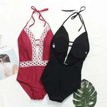 Sexy Deep V One Piece Swimsuit Lace Trim Hollow out Triangle Bikini Beach Vacation Swimwear Strapless Full Coverage Swimsuit
