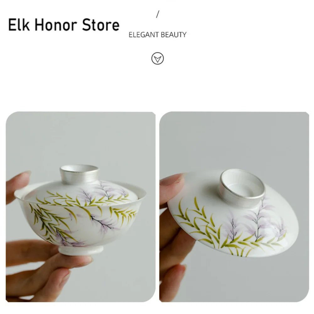 88ml Pure Hand-painted Wisteria Flower Ceramic Gaiwan Japanese Gilt Silver Tea Tureen Household Tea Brewing Cover Bowl Teaset