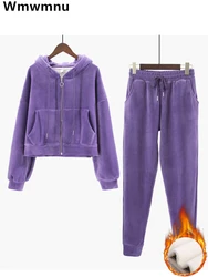 Casual Plus Velvet Thicken Winter Hooded 2 Piece Set Plush Warm Chic Coat Chaquetas Conjuntos Snow Wear Straight Pants Outfits