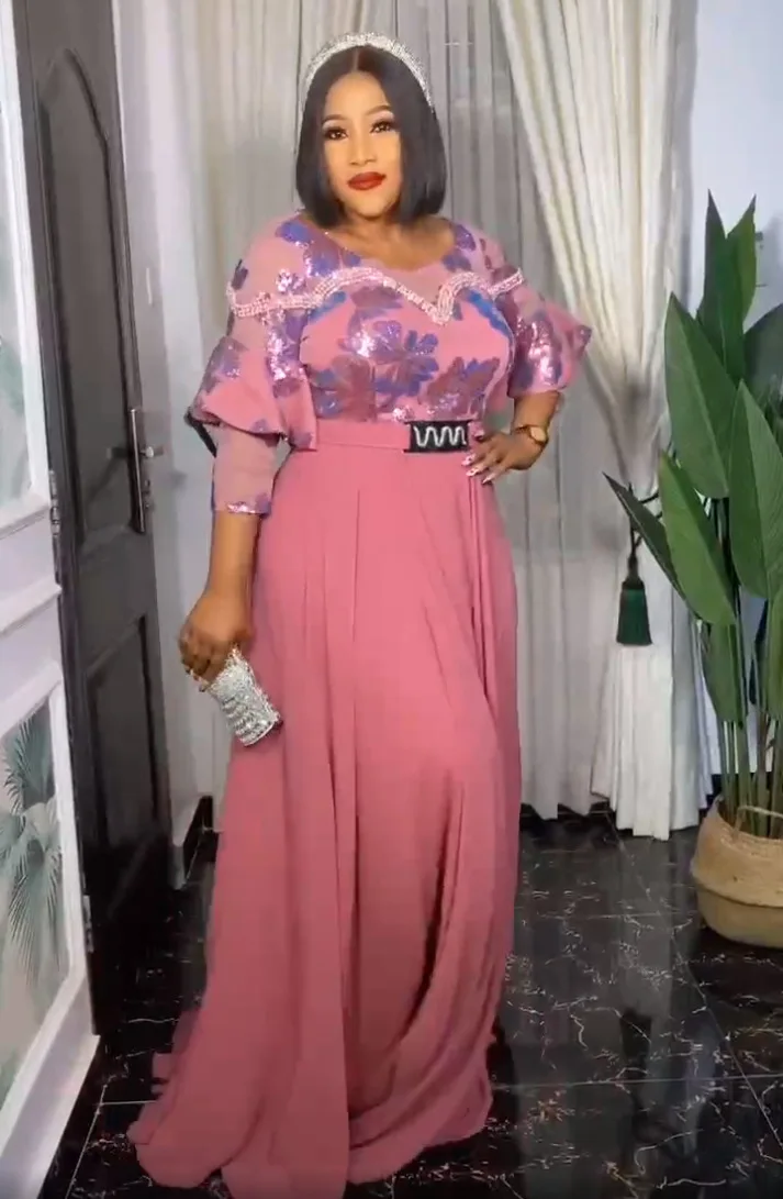 

Summer African Dresses for Women African Women 3/4 Sleeve O-neck Polyester Pink Long Maxi Dress African Clothes with Belt