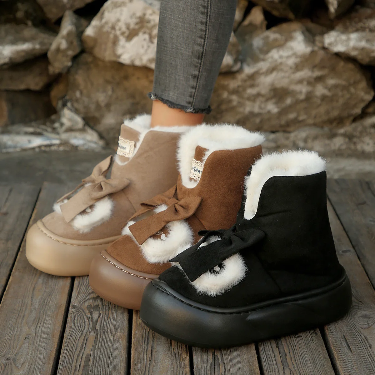 2025 new Sweet thick-soled snow boots for women  style winter fleece and thickened cotton boots bow warm wool cotton shoes