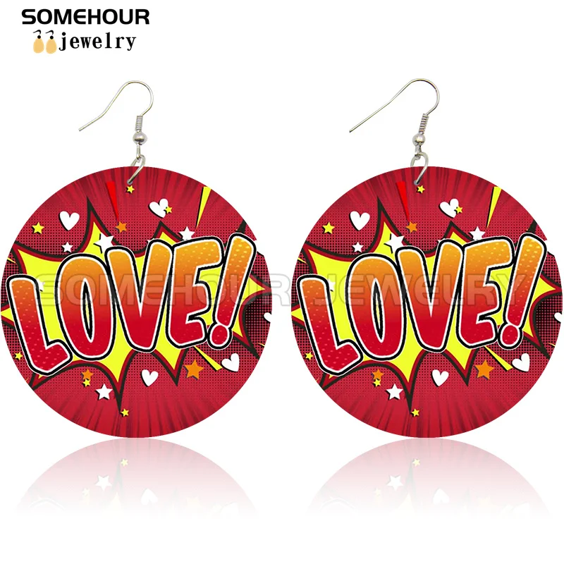 SOMEHOUR Love Queen Boom Comic Print Wooden Drop Earrings OMG LOL Bubble Cartoon Cute Pop Loops Dangle Jewelry Women Girls Gift