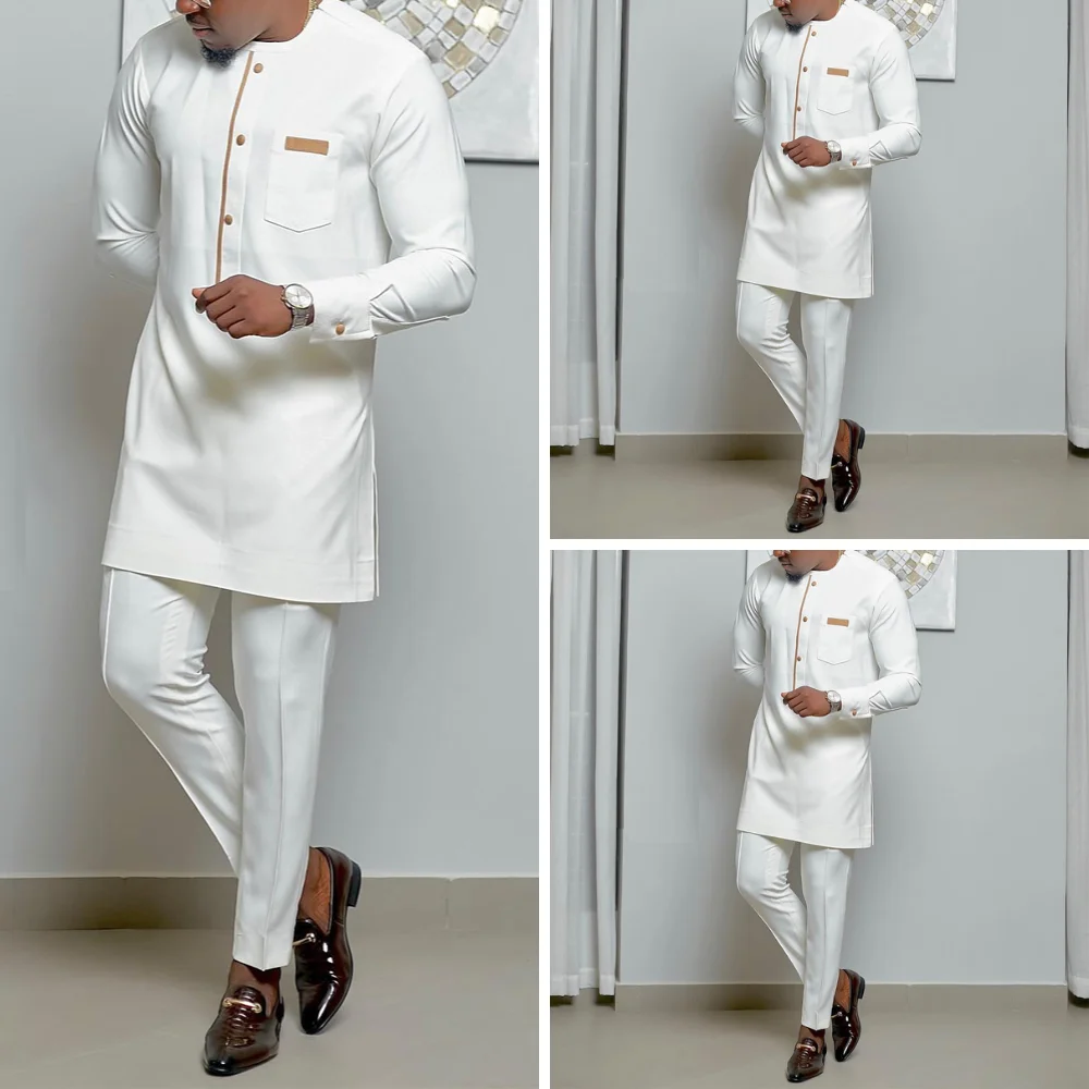 African Men Kaftan 2 Piece Sets Men's Suit Button Crew Neck Pockets Long Sleeve Top And Pants Wedding Ethnic Style Outfit
