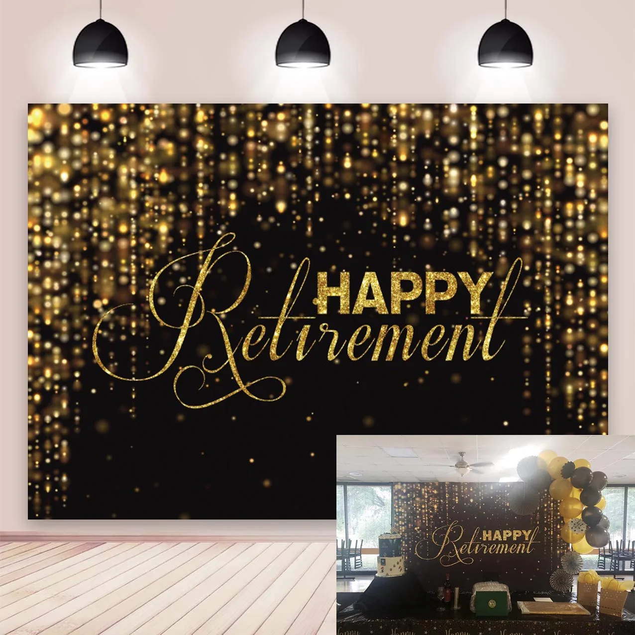 

Happy Retirement Backdrop Black And Gold Glitter Lights Congrats Retirement Party Photography Background Photo Booth Prop Banner