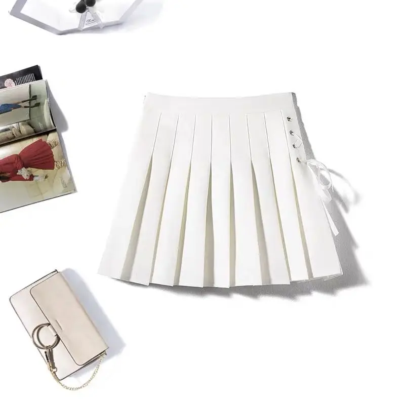 Spring Summer New High Waist Lacing Pleated Skirt Solid All-match Academy Style A-line Short Skirt Fashion Sweet Women Clothing