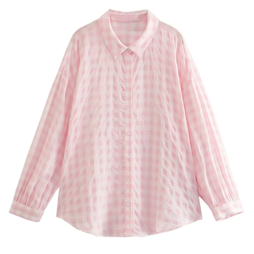 

Jenny&Dave Fashion Summer Loose Chiffon Shirt Top Women High Street Blogger Pink Plaid Texture Shirt