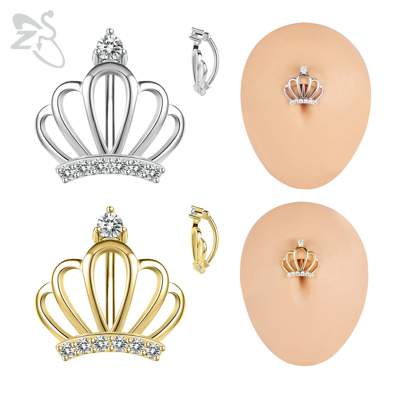 Belly Button Ring 925 Silver Crown Shape For Women Girls Luxury CZ Crystal Navel Piercing Summer Beach Body Piercings 1 Piece