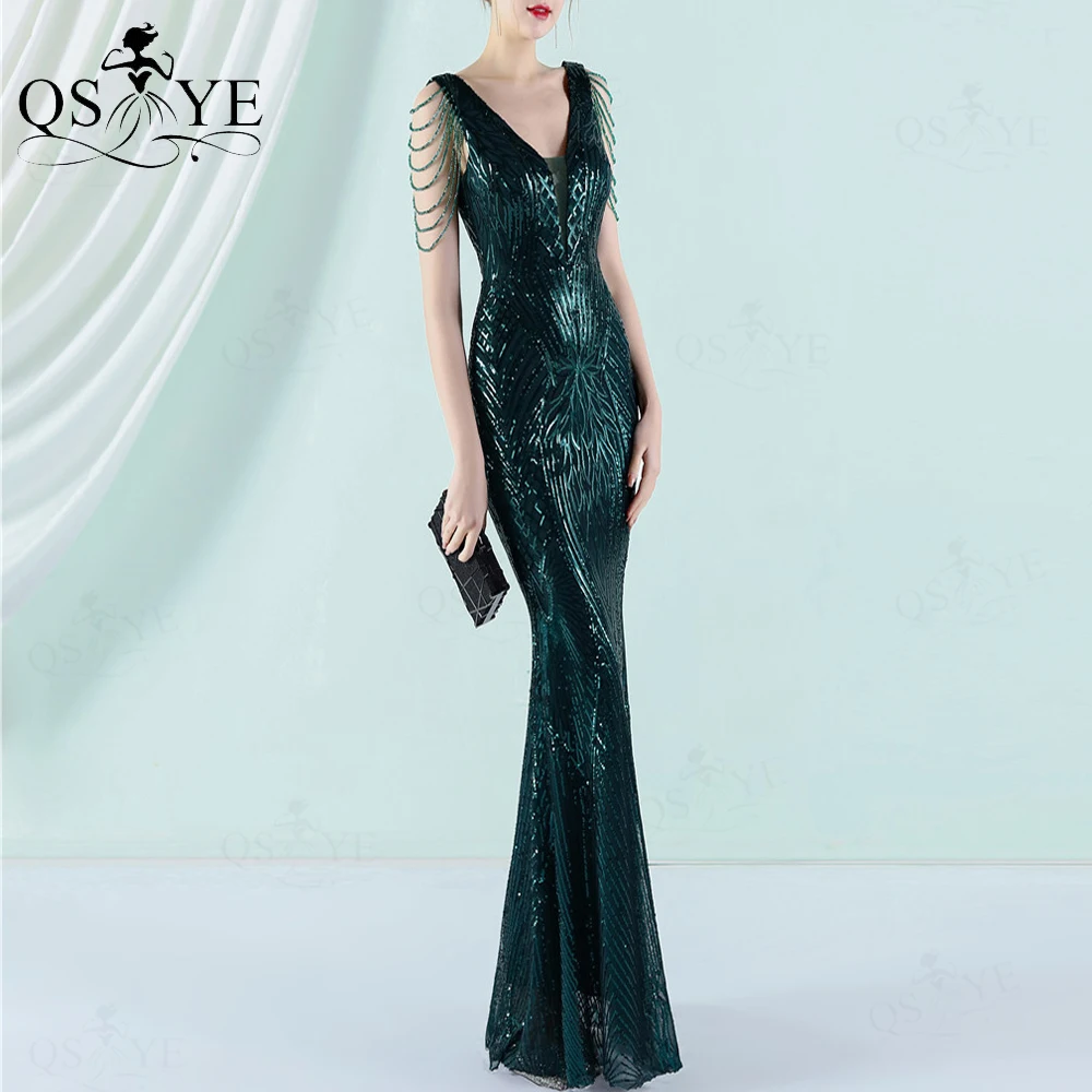 Green Sequin Prom Dresses Pattern Lace Mermaid Evening Gown Beading Straps Sleeves Open Low Back Party Gown Fitted Formal Dress green ball gown