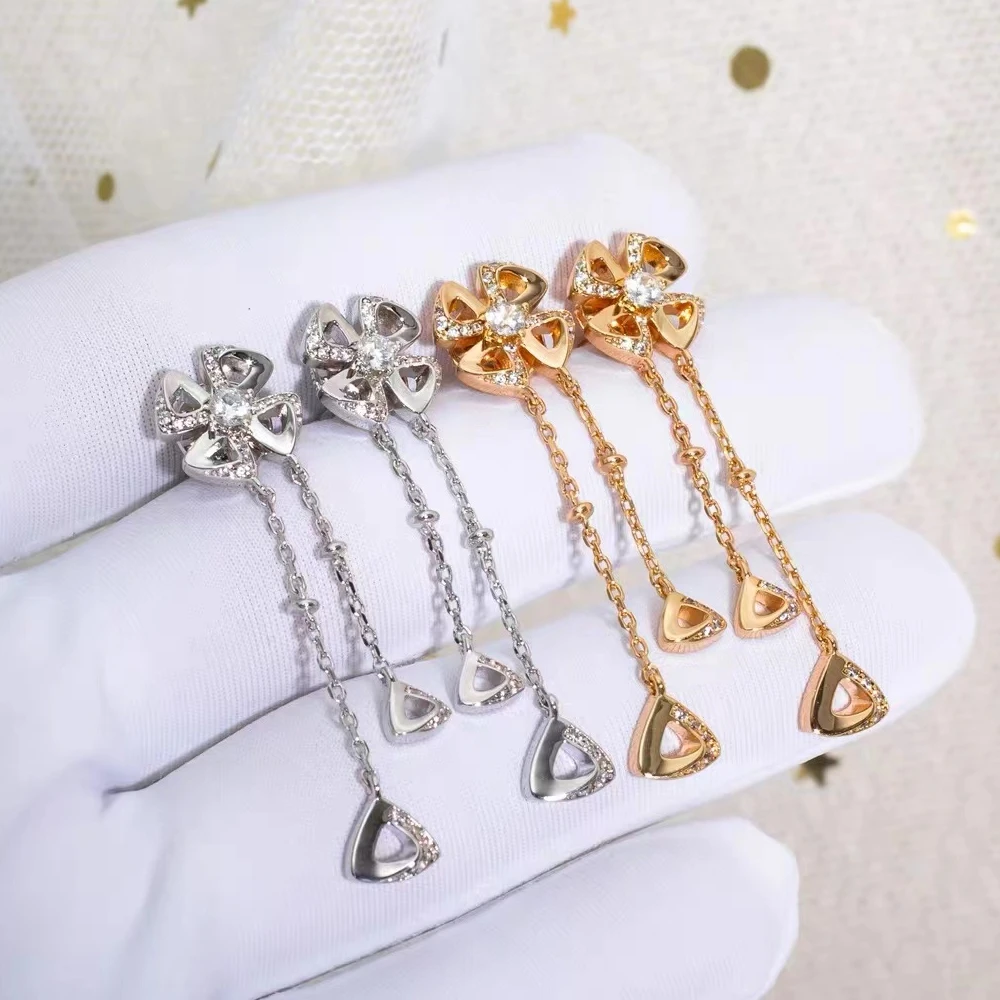 

Classic 925 sterling silver four-leaf clover tassel chanting earrings women's new fashion luxury temperament brand