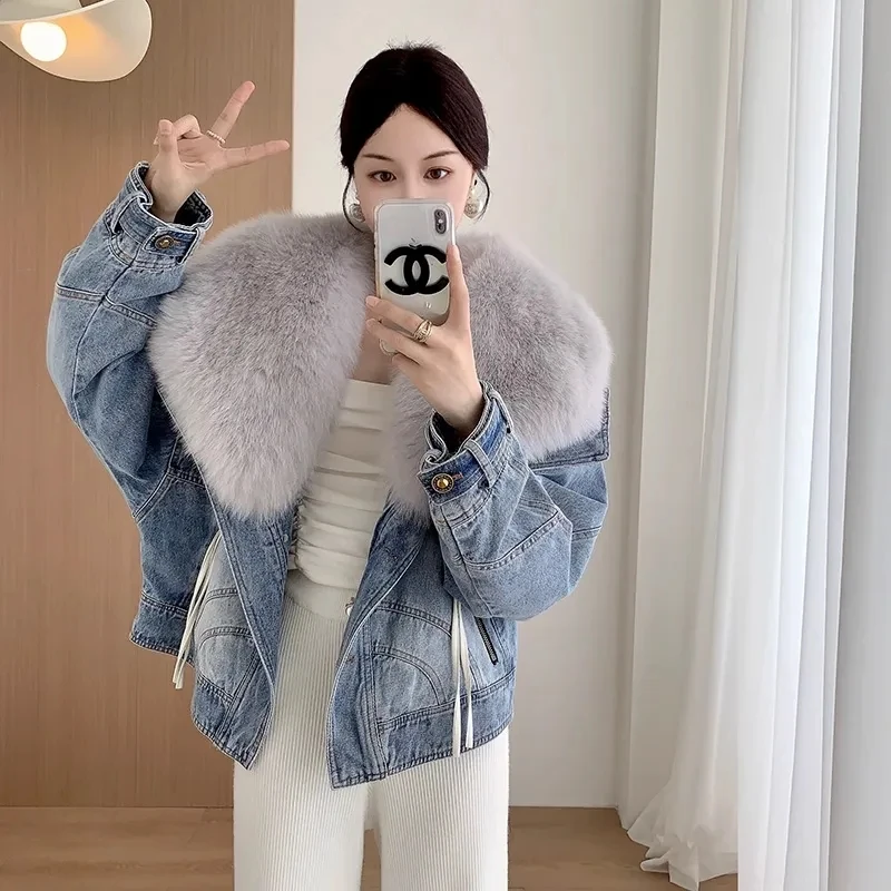 

2024 Winter Faux Fox Hair Detachable Denim Fur Coat Warm Parker Women's Thicken Short Down Cotton Jacket Female Casual Outwear