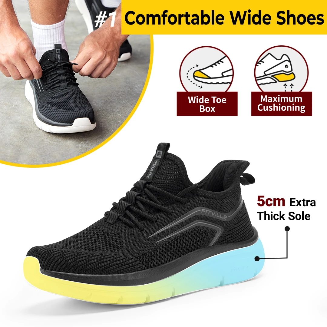 FitVille Thick Sole Running Shoes Mens Sneakers Shock Absorbing Rebound Lightweight For Swollen Feet Arch Support Wide Shoes