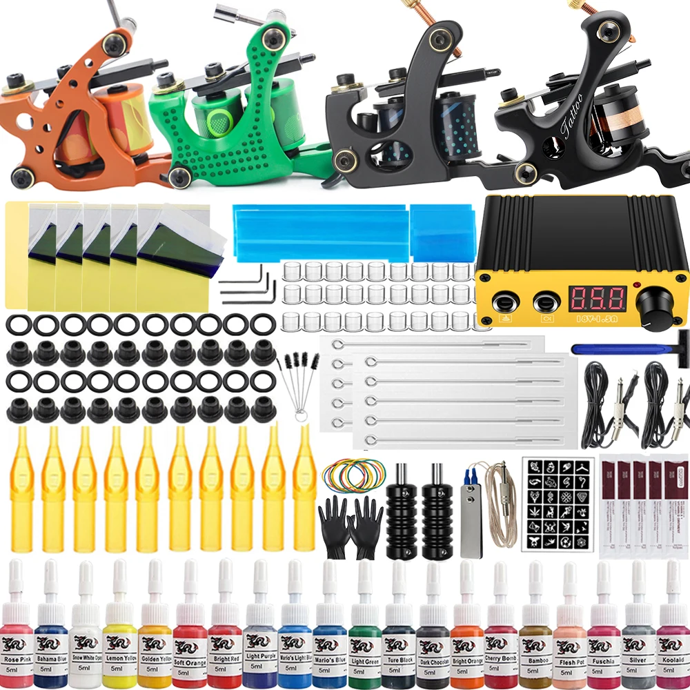 Complete Coil Tattoo Machine Kit Professional 10 Wraps Coil Tattoo Gun Set With Power Supply Ink Pigment Set for Beginner