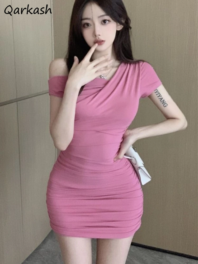 

Summer Dresses Women Mini Hotsweet Shirring Y2k All-match Fashion Sheath Tender Clubwear Ulzzang Diagonal Collar Temper Casual