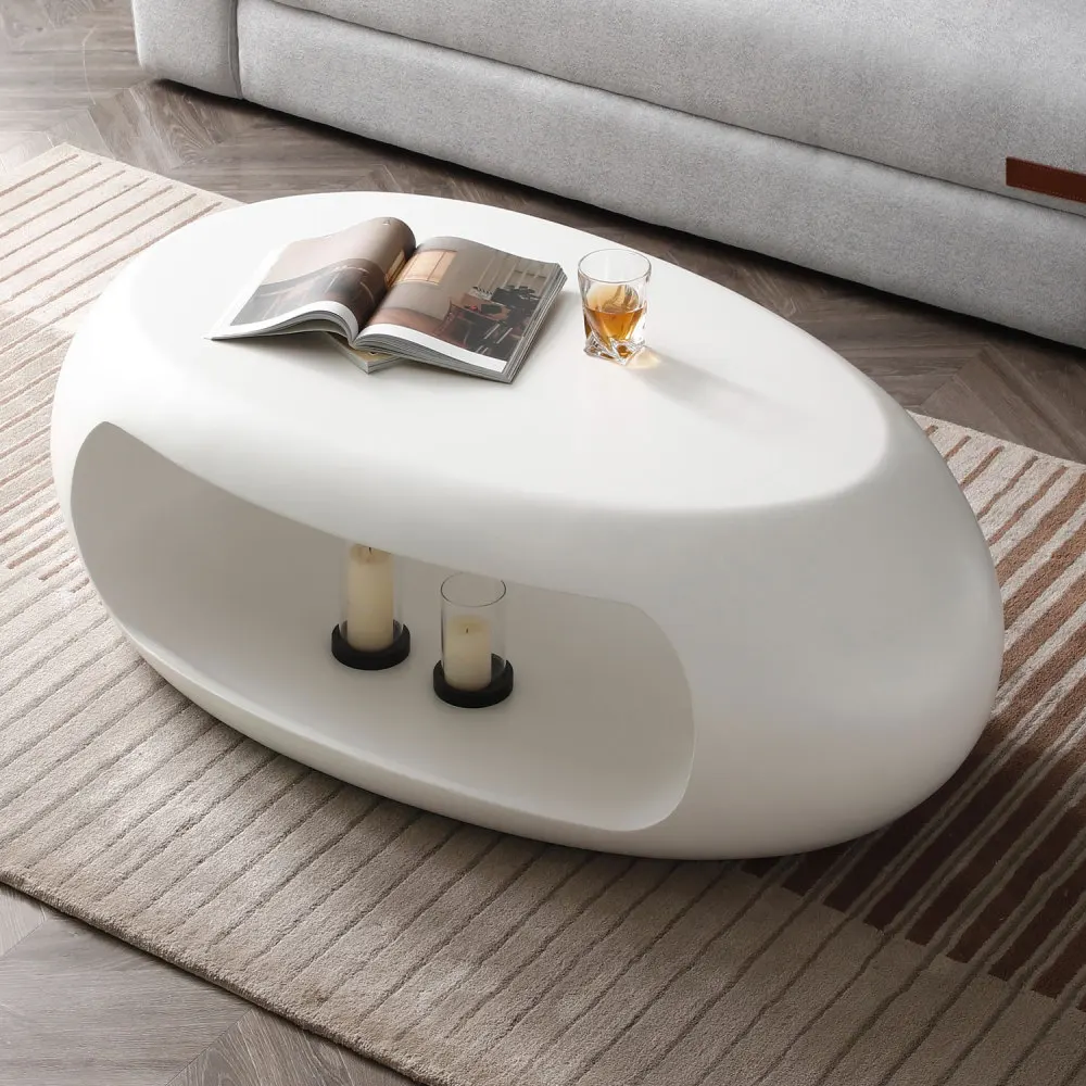 39.37'' Oval Fiberglass Coffee Table for Living Room in White 6