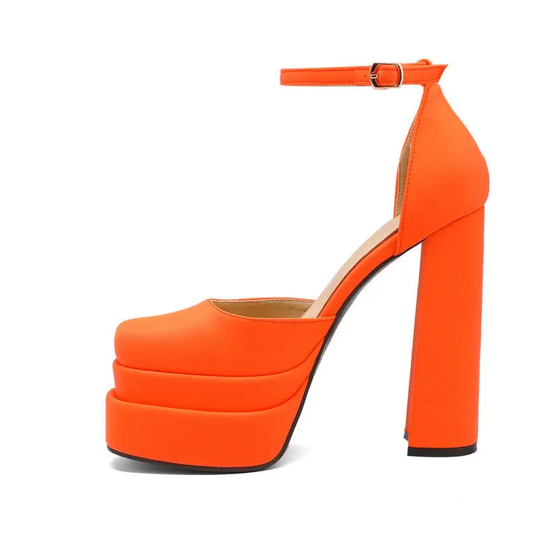 

2023 New Summer Bright Orange Rose Color Closed Toe Women Pumps Shoes Block High Heeled Sexy Platform Sandals Party Bride Heels