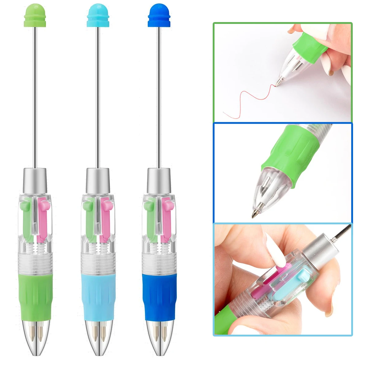 

3pcs New 4-color Refill Beaded Ballpoint Pen DIY Beadable Pens Student Stationery Plastic Gift Pen School Office Pen Supplies