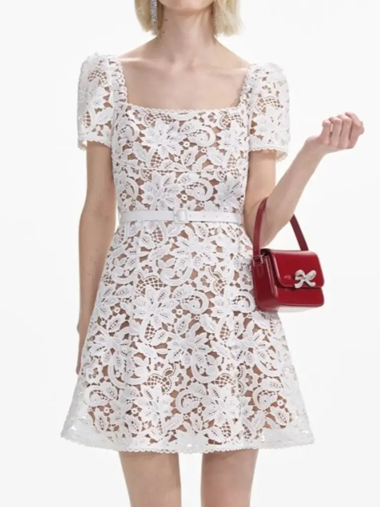 

Женское мини-платье с цветочной вышивкой, элегантное белое платье с квадратным вырезом и коротким рукавом, лето 2024