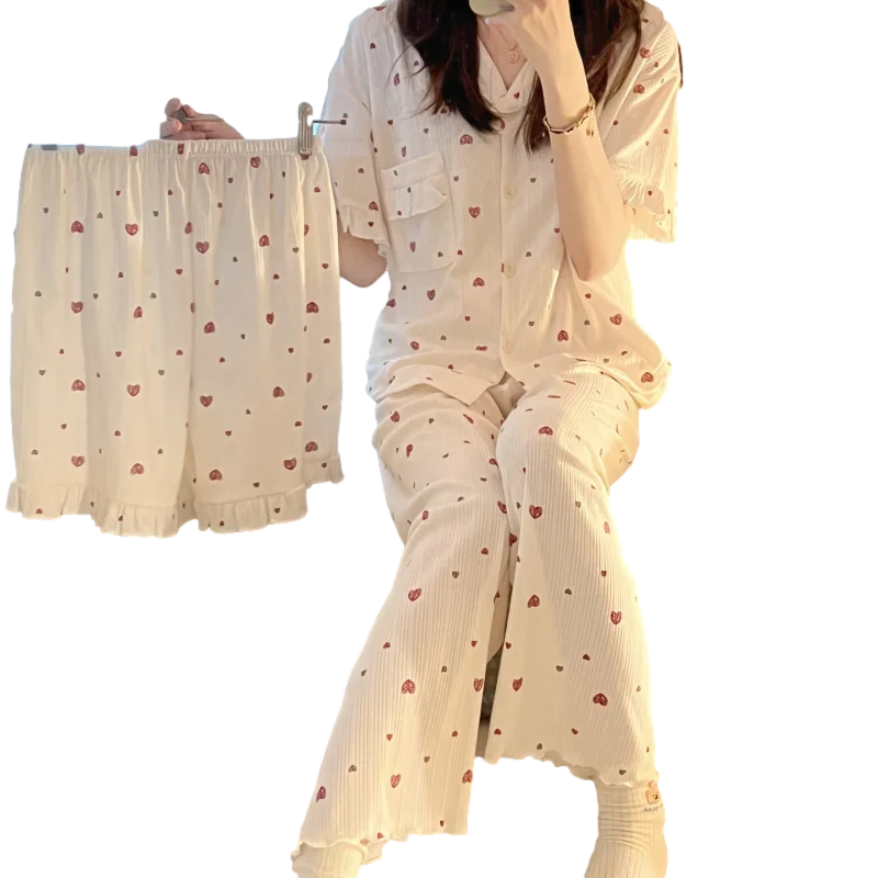 Fresh girl 3-piece set spring and summer pajamas women's small fresh cardigan lapel sweet short-sleeved trousers home service