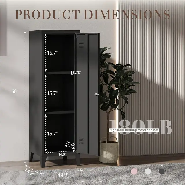 50 Inch Black Metal Locker Cabinet with 2 Shelves for Employee Storage, Suitable for Home, Office, and More 3