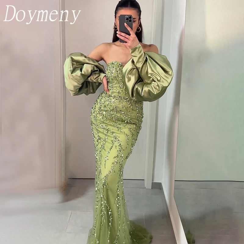 

Doymeny Luxury Prom Dress Beaded Sequin Sweetheart Mermaid Puffy Sleeve Detachable Train Formal Evening Party Gowns vestido gala