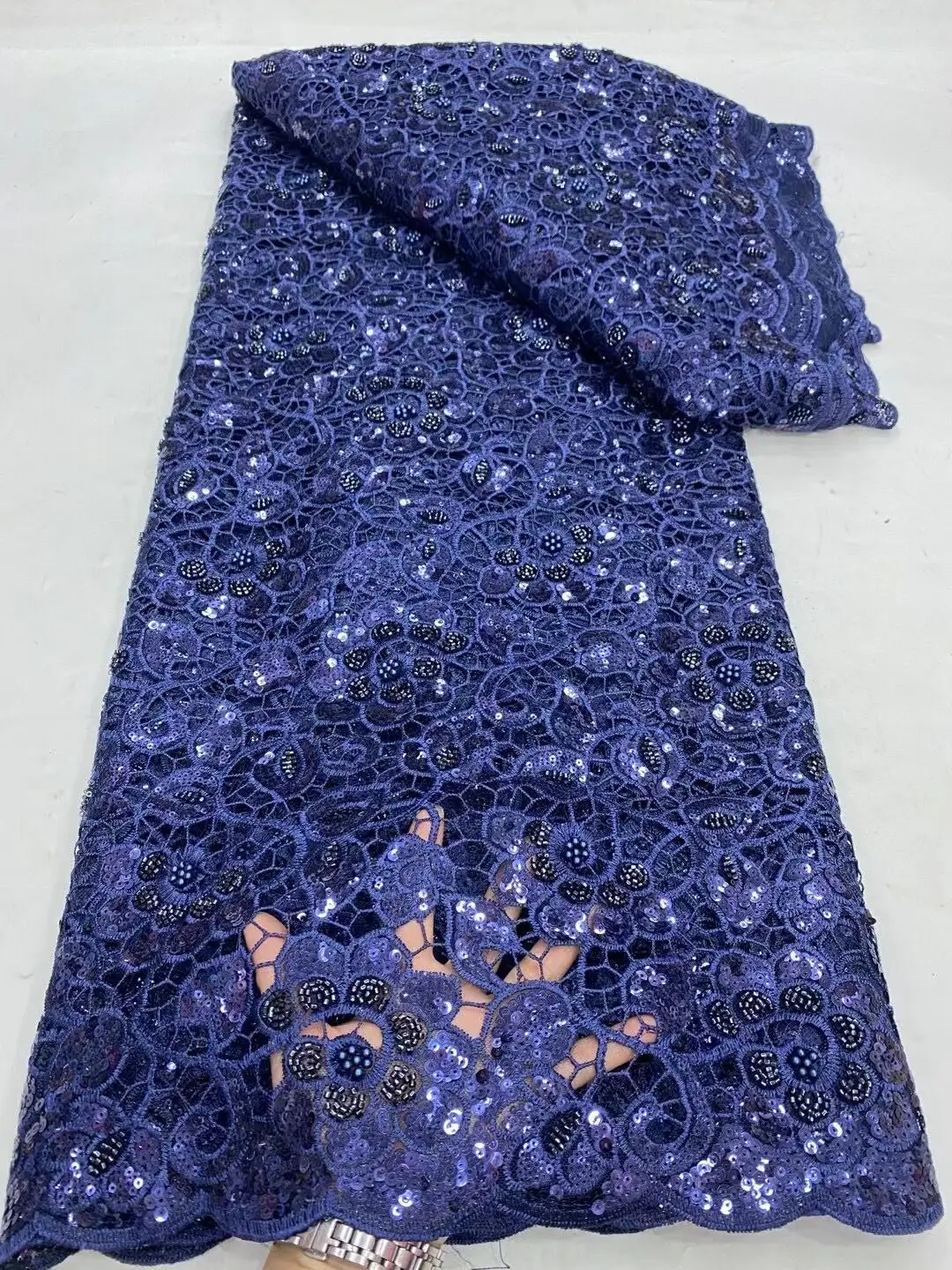 

2024 High Quality African Nigerian Tulle Lace Fabric Cotton Wedding Party Dress Sequins For Sewing Water Soluble 5Yards DP0160