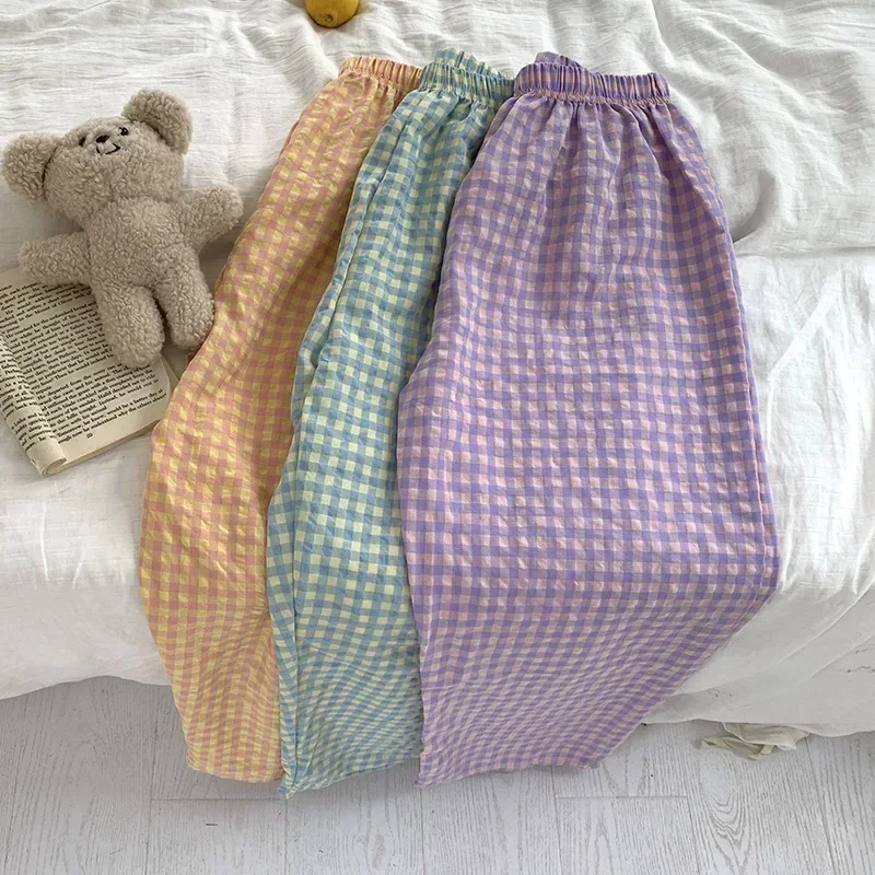 Women Sweatpants Oversized Plaid Wide Leg Casual Loose Elastic High Waist Trousers Harajuku Female Home Clothing
