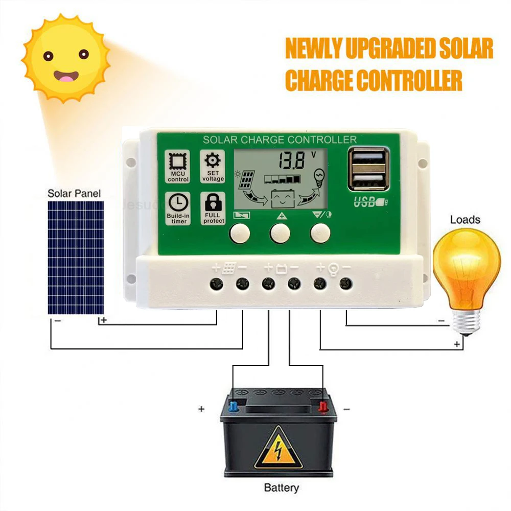 PWM Controller 10A20A30A Optional Solar Charge and Discharge Battery Voltage 12V24V Auto. for PV Panels 100W 200W 300W 400W 500W