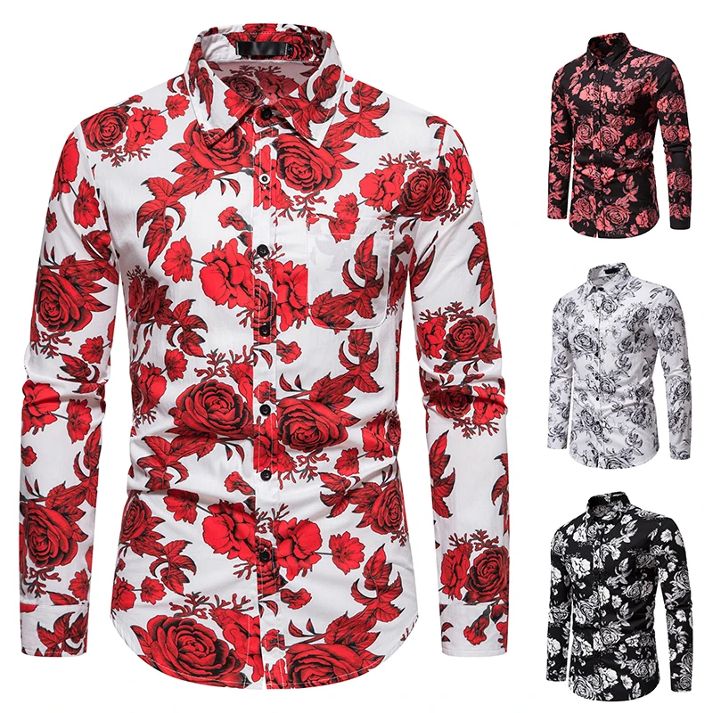 

2024 Mens Long Sleeve Fashion Shirt Rose Floral Print Casual Vacation Shirt Mens Office Shirt
