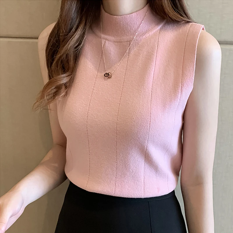 

Casual Clothes Solid Ladies Fashion Tops T-shirt Indie Women Korean New 2023 Sleeveless Summer Turtleneck Tshirt Knit Elastic
