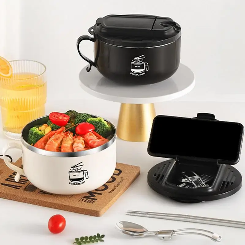 

Microwaveable Ramen Bowl 304 Drainage Noodle Bowl With Lid And Handle Lunch Box Food Storage Container Noodle Pot Room Dorm