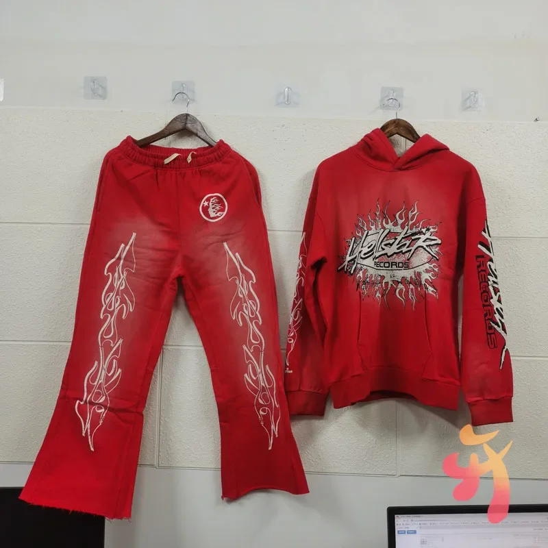 

Real Photo Hellstar Hoodie Set American Retro Washed Make Old Flame Letter Print Hooded Loose Autumn Winter Men Women Clothing
