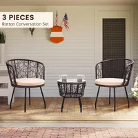 3 Piece Bistro Set, Modern Outdoor Wicker Patio Furniture with Tempered Glass Table Top and 2 Chairs, Washable Cushions 1