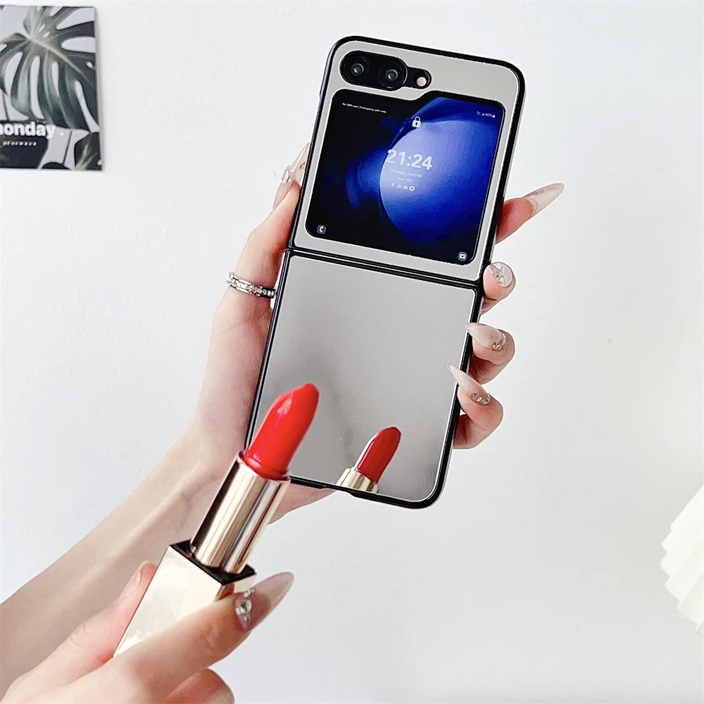 Chic Matte Black Folding Case with Makeup Mirror & Airbag Shockproof Protection