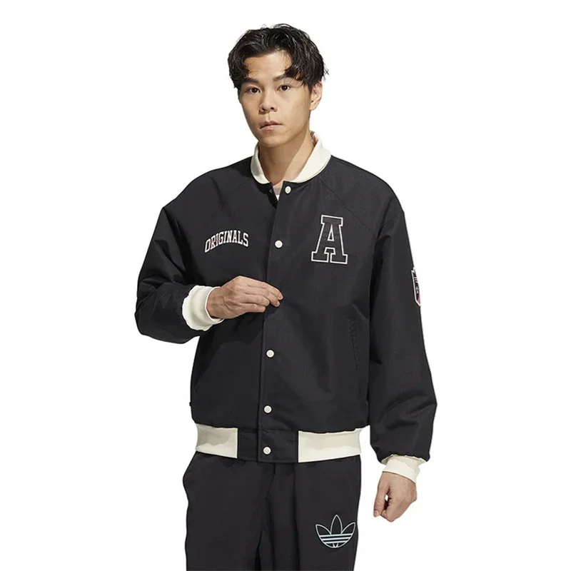 Adidas Jacket Men Baseball Jersey, Stand Up Collar Jacket, Plain Weave Polyester Sand, Black Green Smooth Windproof