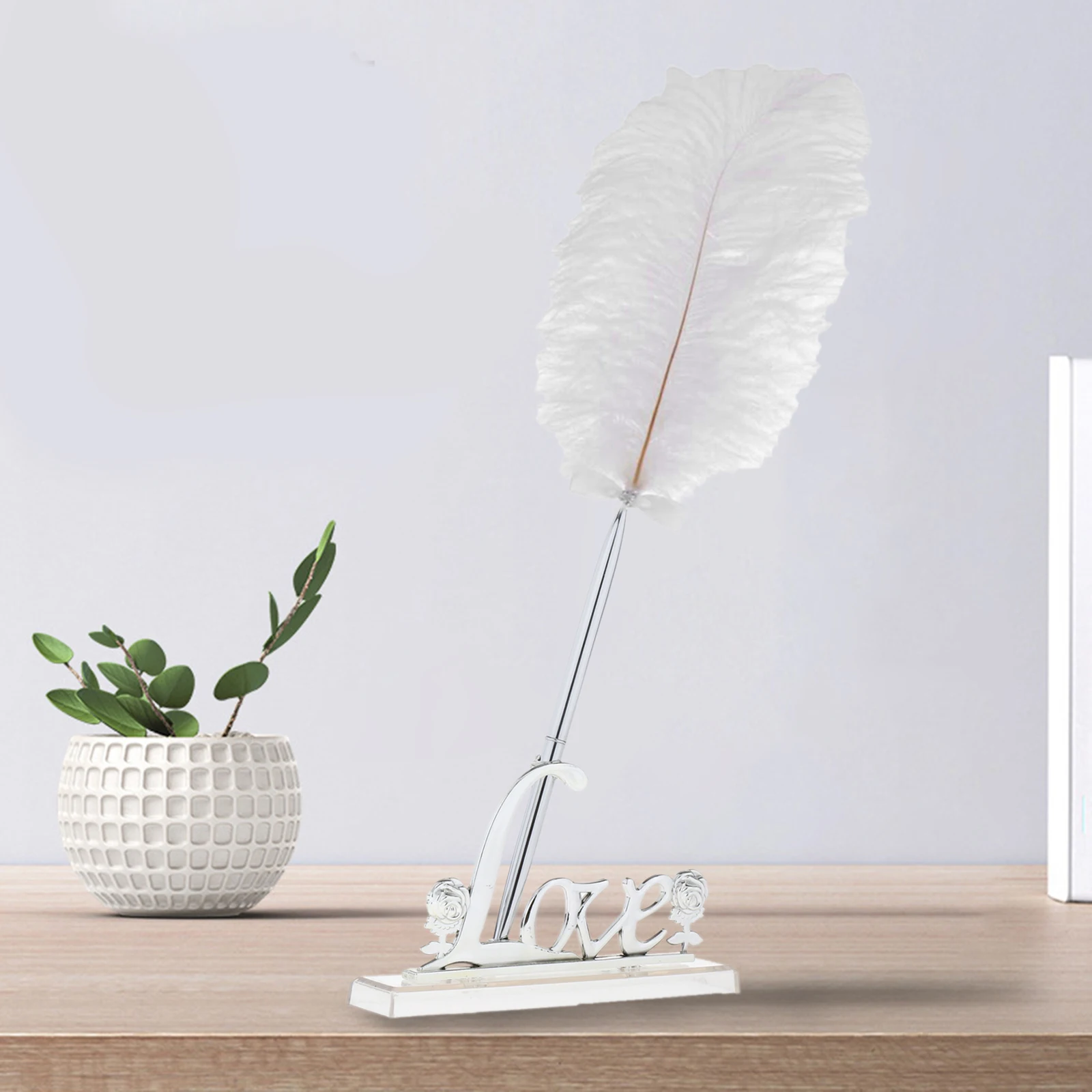Wedding White Feather Quill Guest Book Signing Pen with Golden Love Holder Wedding Guest Book Feather Writing Pen