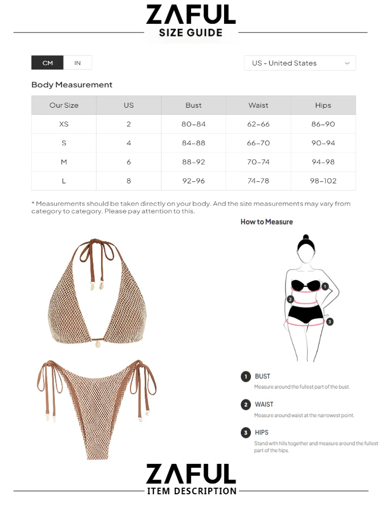 ZAFUL Women's Swimsuit Swimwear Matching Multiway Contrast Fishnet Halter Bandeau Tie Side Tanga Two Piece Bikini Set Bathing