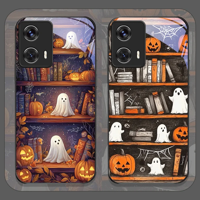 Tempered Glass Halloween Pumpkin Ghost Bookshelf Phone Case Cover