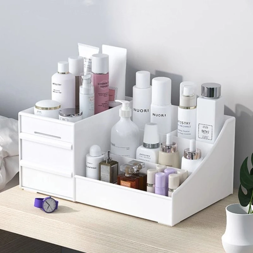 1pc White New Drawer Makeup Storage Box Dormitory Finishing Plastic Shelf Cosmetics Skin Care Dressing Table Desktop 2
