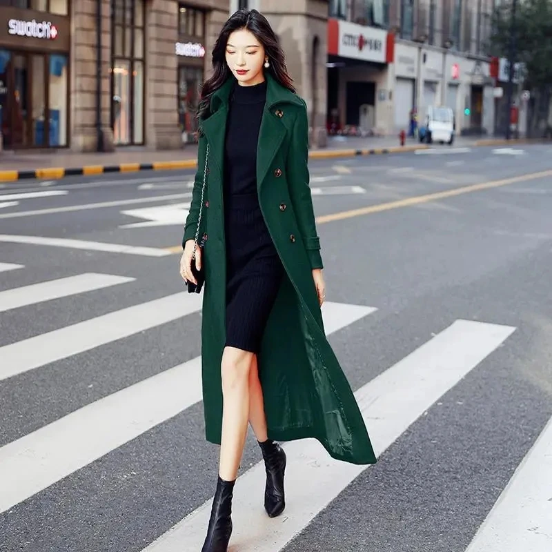 

2023 Autumn Winter New Dark Green Woolen Coat Women Long Over The Knee Belt Solid Color Thick Temperament Woolen Coats Female